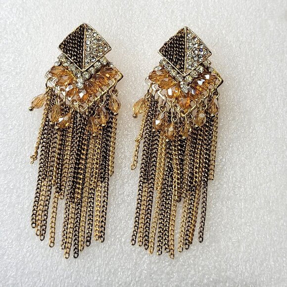 Tiered Gold Tone Long Tassel Earrings - Picture 2 of 8